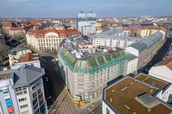 Baudokumentation und Luftbild-Panorama des Lumis Student Living Projekts in Leipzig